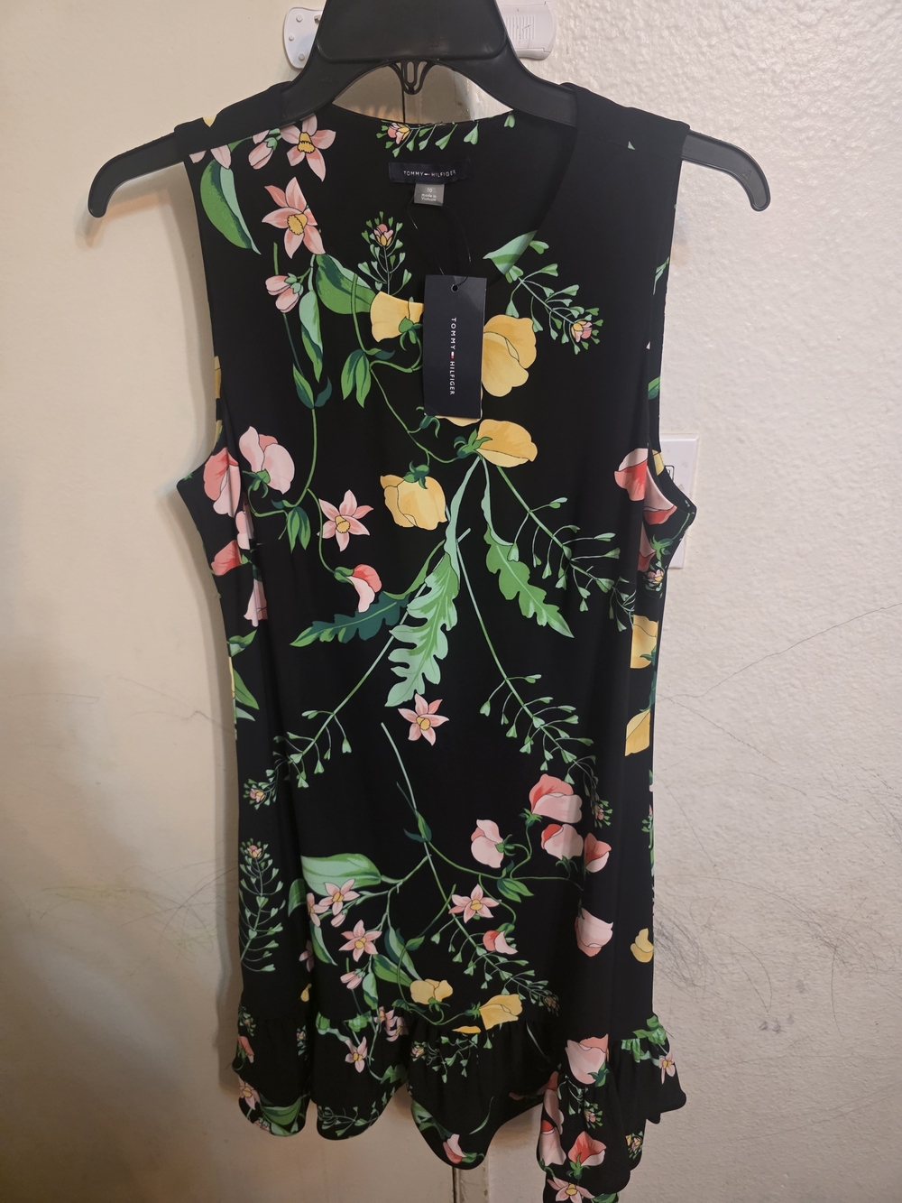 Tommy Hilfiger Black Floral Ruffle-Hem Sleeveless Dress